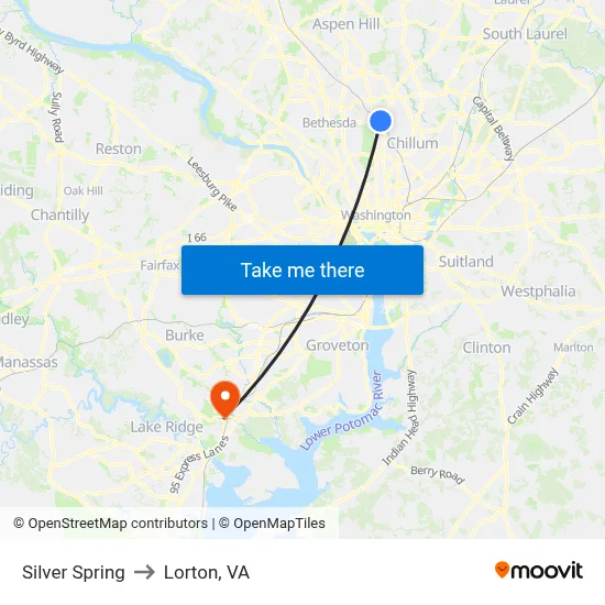 Silver Spring to Lorton, VA map