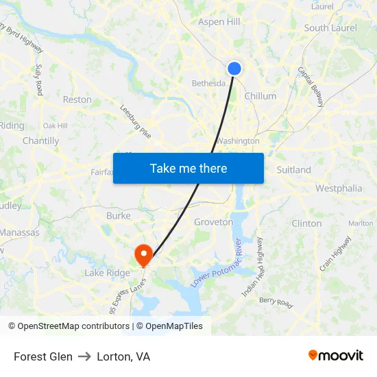 Forest Glen to Lorton, VA map