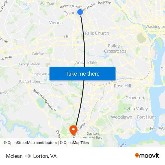 Mclean to Lorton, VA map