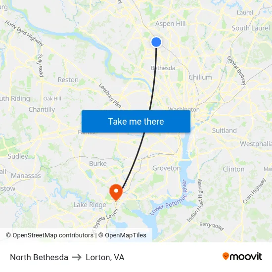 North Bethesda to Lorton, VA map