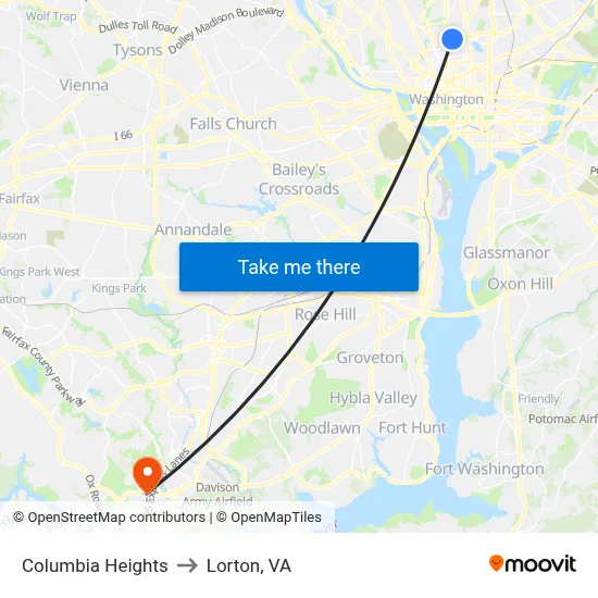 Columbia Heights to Lorton, VA map