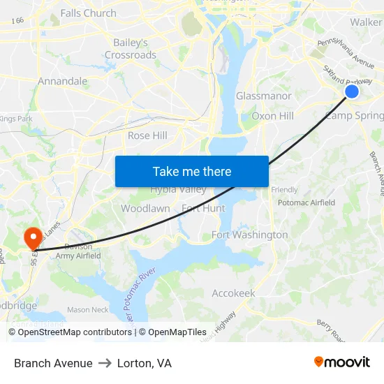 Branch Avenue to Lorton, VA map