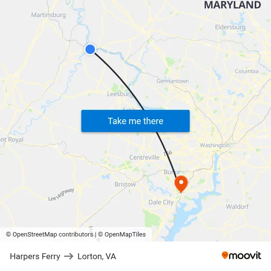 Harpers Ferry to Lorton, VA map
