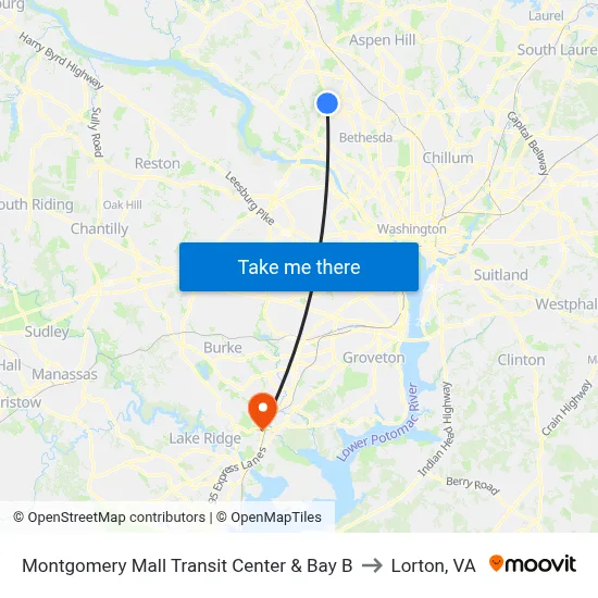 Montgomery Mall Transit Center & Bay B to Lorton, VA map