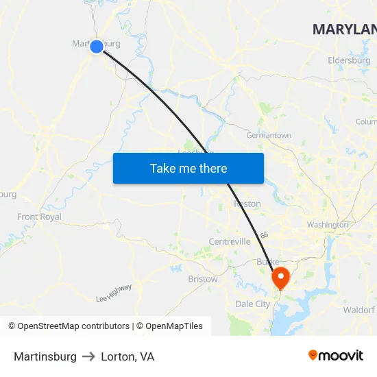 Martinsburg to Lorton, VA map