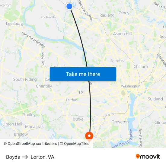 Boyds to Lorton, VA map