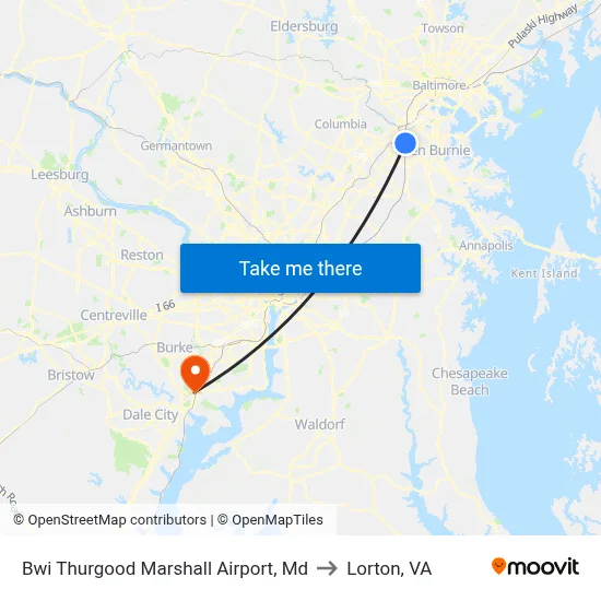 Bwi Thurgood Marshall  Airport, Md to Lorton, VA map