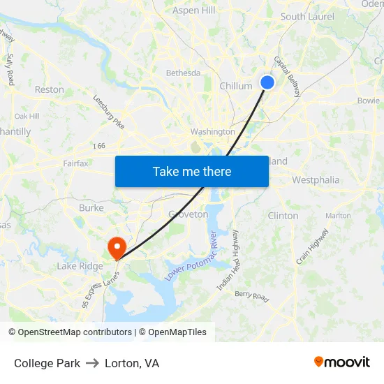 College Park to Lorton, VA map