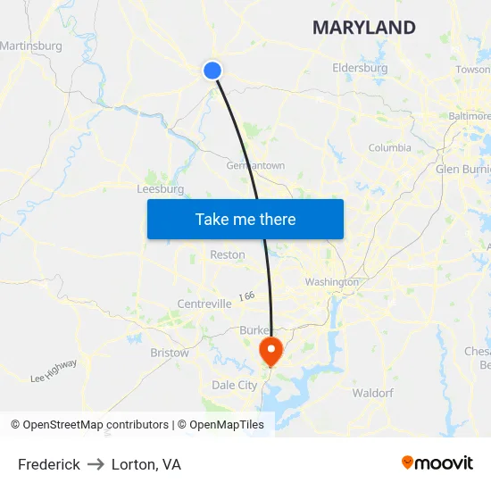 Frederick to Lorton, VA map
