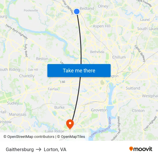 Gaithersburg to Lorton, VA map