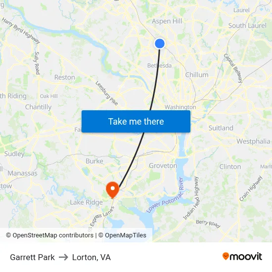 Garrett Park to Lorton, VA map
