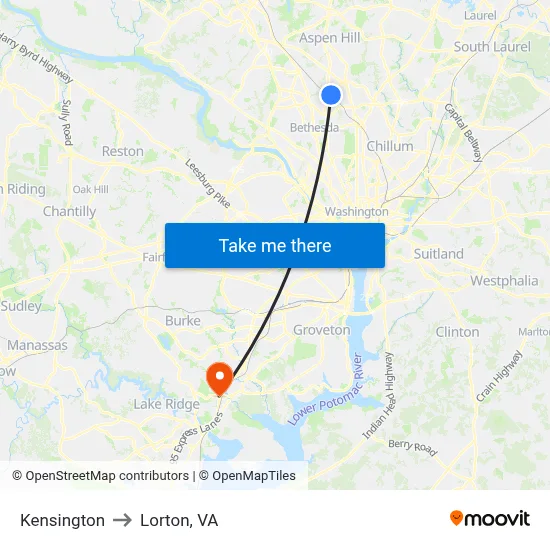 Kensington to Lorton, VA map