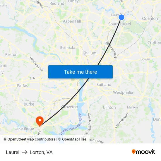 Laurel to Lorton, VA map
