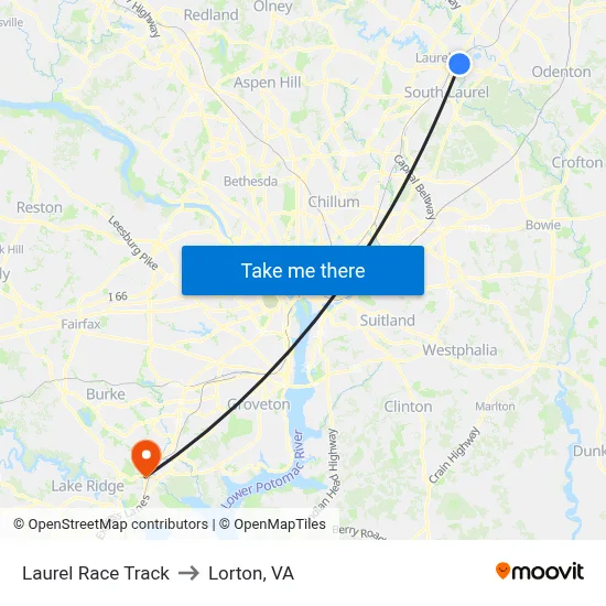Laurel Race Track to Lorton, VA map