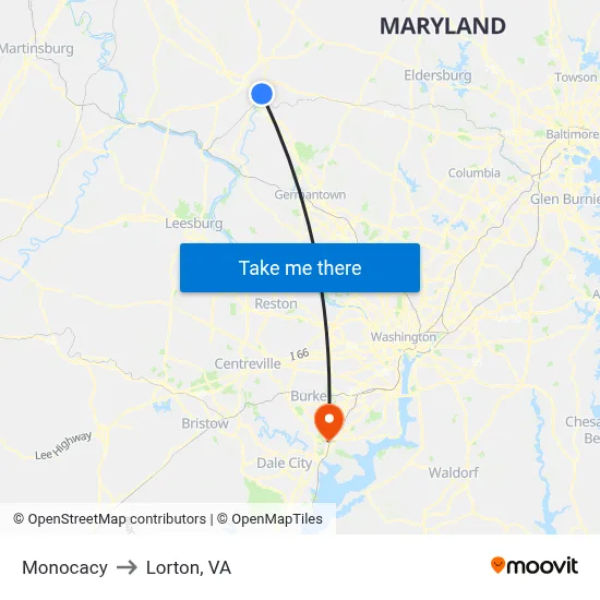 Monocacy to Lorton, VA map
