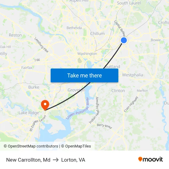 New Carrollton, Md to Lorton, VA map