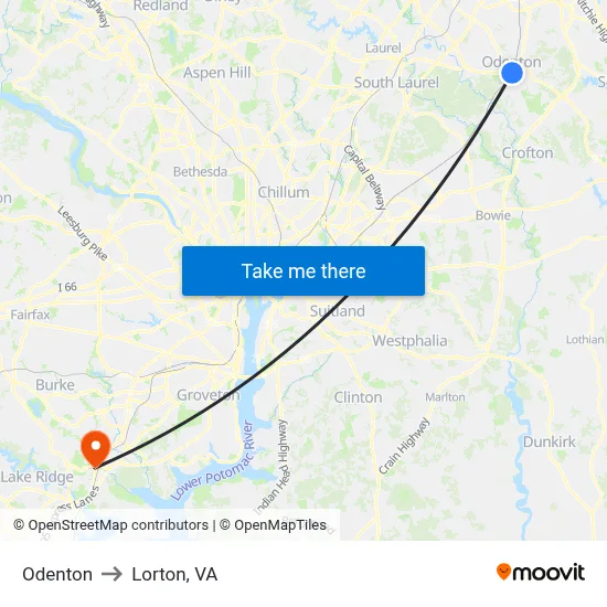 Odenton to Lorton, VA map
