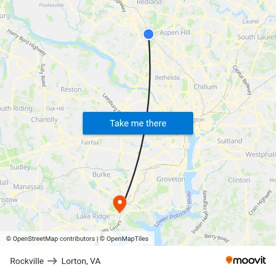 Rockville to Lorton, VA map