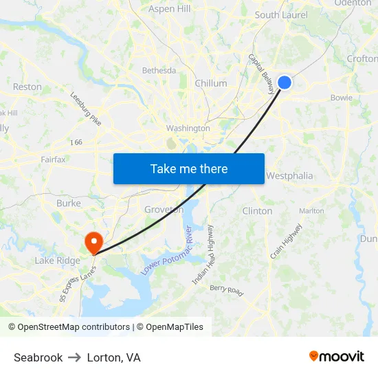Seabrook to Lorton, VA map
