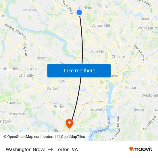 Washington Grove to Lorton, VA map
