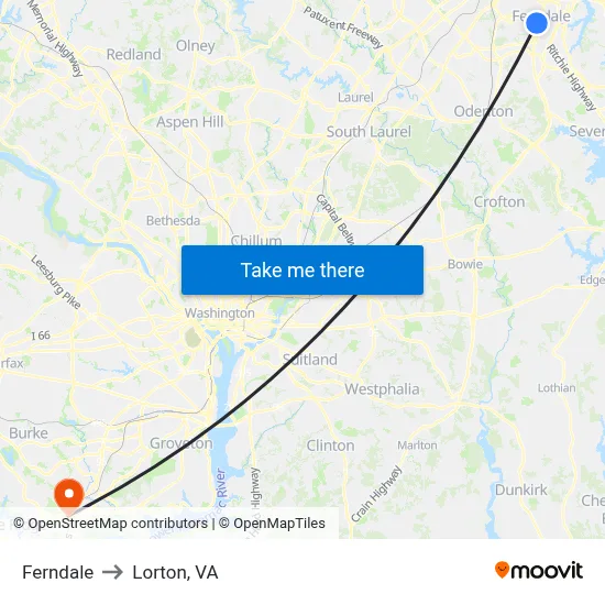 Ferndale to Lorton, VA map