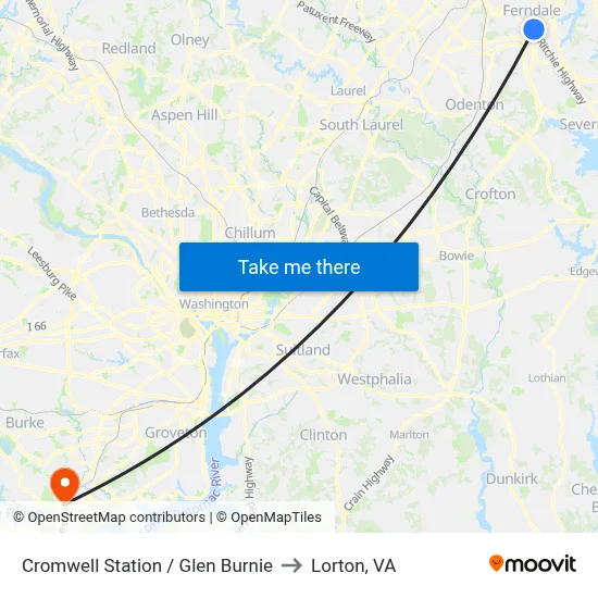 Cromwell Station / Glen Burnie to Lorton, VA map