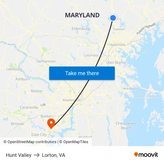 Hunt Valley to Lorton, VA map