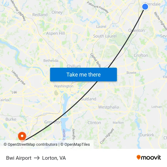 Bwi Airport to Lorton, VA map