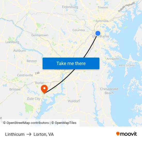 Linthicum to Lorton, VA map