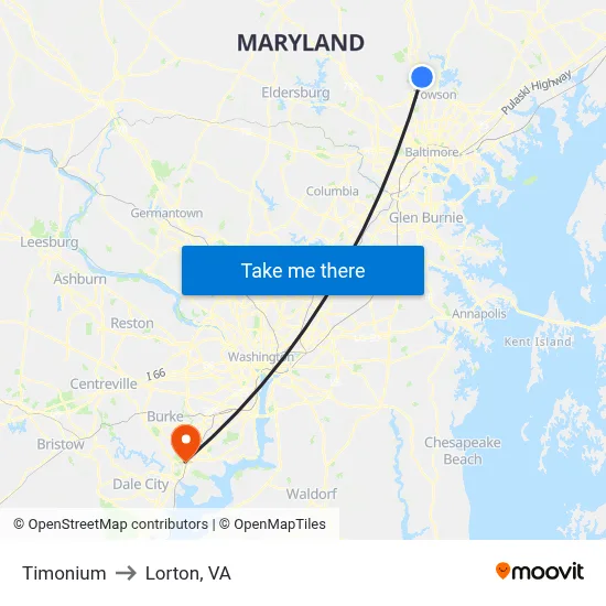 Timonium to Lorton, VA map