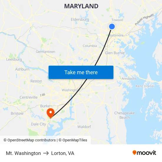 Mt. Washington to Lorton, VA map