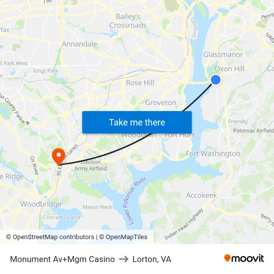 Monument Av+Mgm Casino to Lorton, VA map