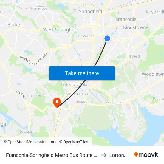 Franconia-Springfield Metro Bus Route 301 to Lorton, VA map