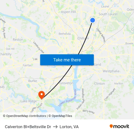 Calverton Bl+Beltsville Dr to Lorton, VA map
