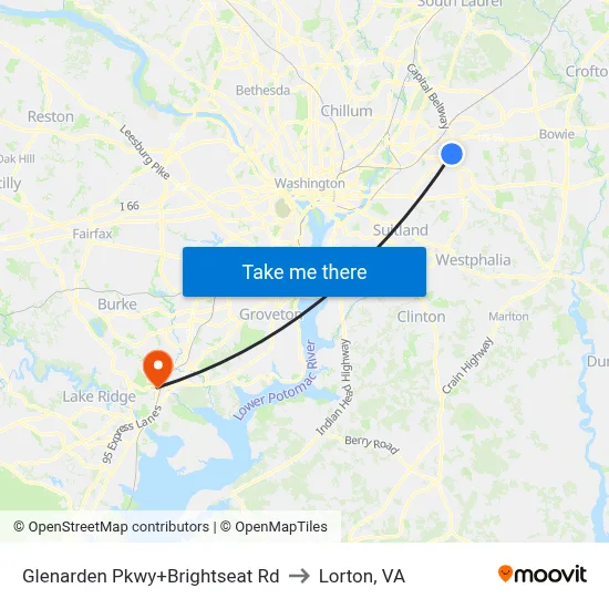 Glenarden Pkwy+Brightseat Rd to Lorton, VA map