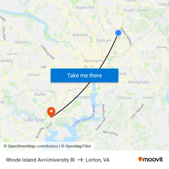 Rhode Island Av+University Bl to Lorton, VA map