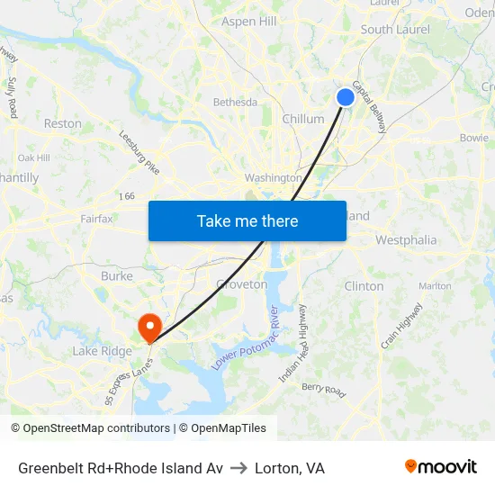 Greenbelt Rd+Rhode Island Av to Lorton, VA map