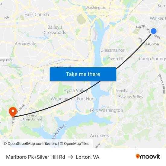 Marlboro Pk+Silver Hill Rd to Lorton, VA map