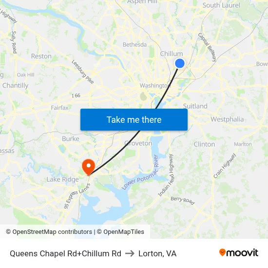 Queens Chapel Rd+Chillum Rd to Lorton, VA map