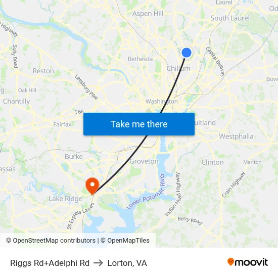 Riggs Rd+Adelphi Rd to Lorton, VA map
