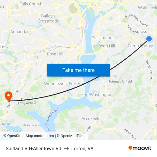 Suitland Rd+Allentown Rd to Lorton, VA map