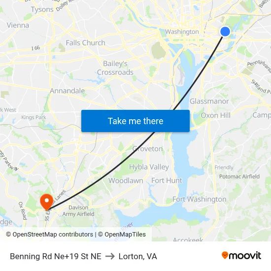 Benning Rd Ne+19 St NE to Lorton, VA map
