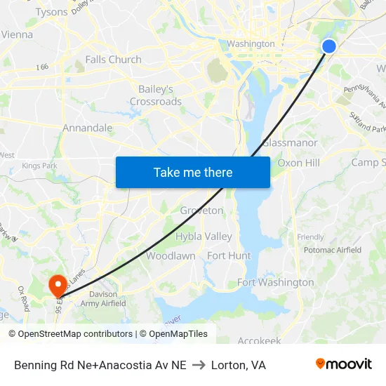 Benning Rd Ne+Anacostia Av NE to Lorton, VA map