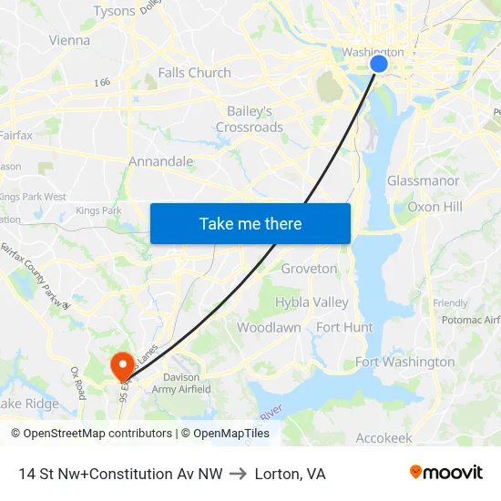 14 St Nw+Constitution Av NW to Lorton, VA map