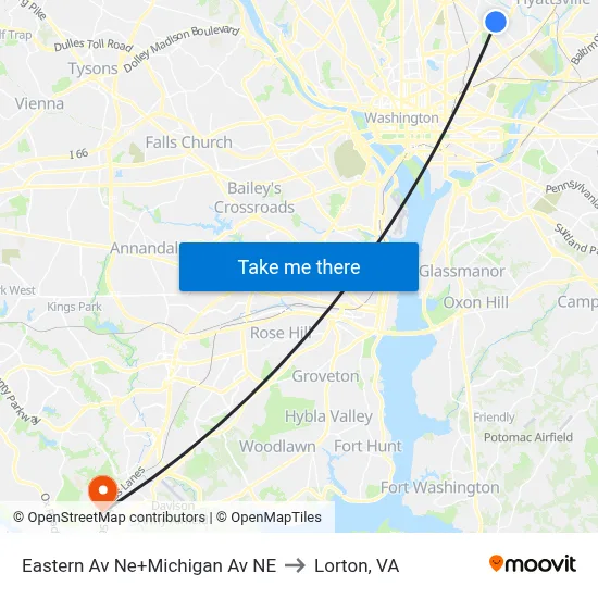 Eastern Av Ne+Michigan Av NE to Lorton, VA map