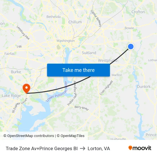 Trade Zone Av+Prince Georges Bl to Lorton, VA map