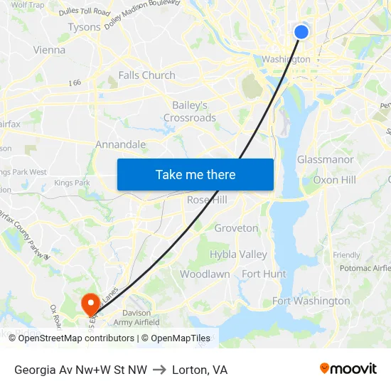 Georgia Av Nw+W St NW to Lorton, VA map