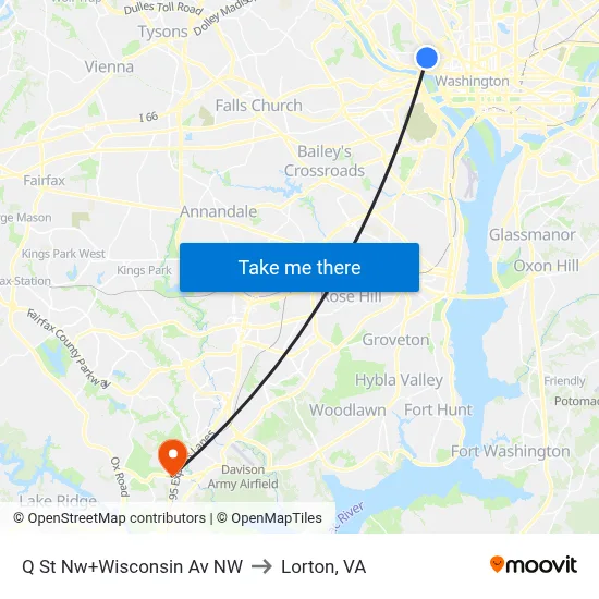 Q St Nw+Wisconsin Av NW to Lorton, VA map
