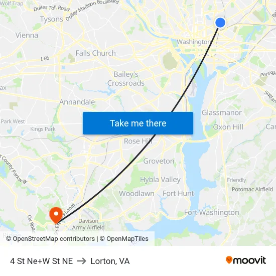 4 St Ne+W St NE to Lorton, VA map