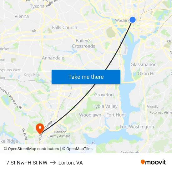 7 St Nw+H St NW to Lorton, VA map